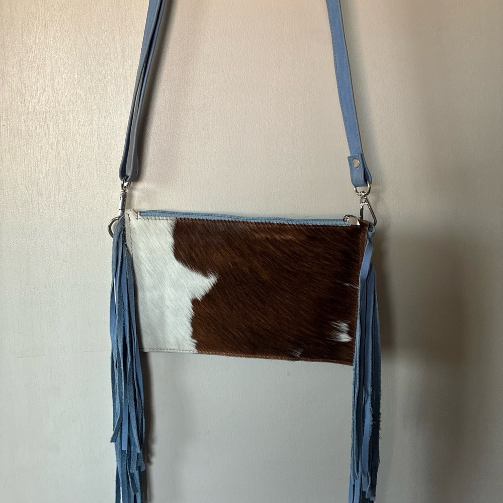 Western Linens-HairOnHide Fringe Crossbody Powder Blue Homestead Coastal Cowgirl - Picture 2 of 14